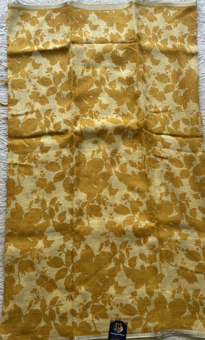 Fancy Linen Saree Yellow Colored Complemented with a Lace Border. - Sampradaya Designer Studio