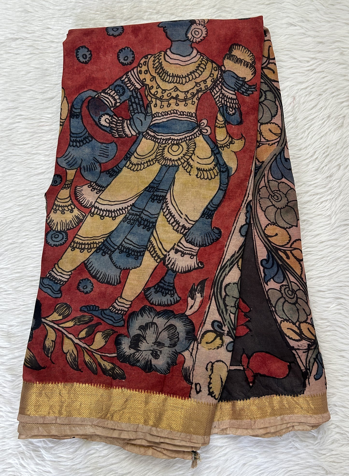Pen Kalamkari Saree Red colored allover saree complemented with a Gold Zari border - Sampradaya Designer Studio