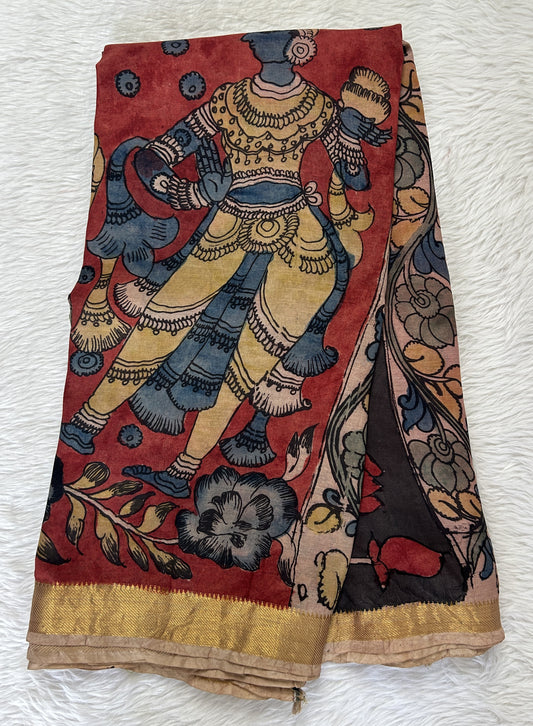Pen Kalamkari Saree Red colored allover saree complemented with a Gold Zari border - Sampradaya Designer Studio