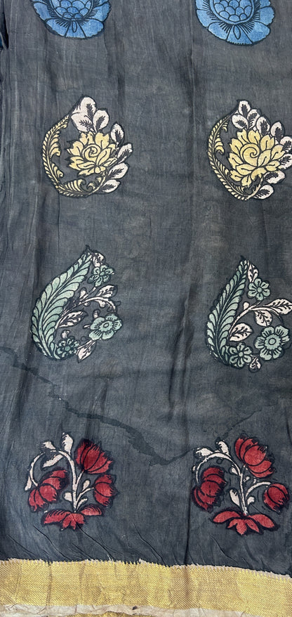Pen Kalamkari Saree Red colored allover saree complemented with a Gold Zari border - Sampradaya Designer Studio