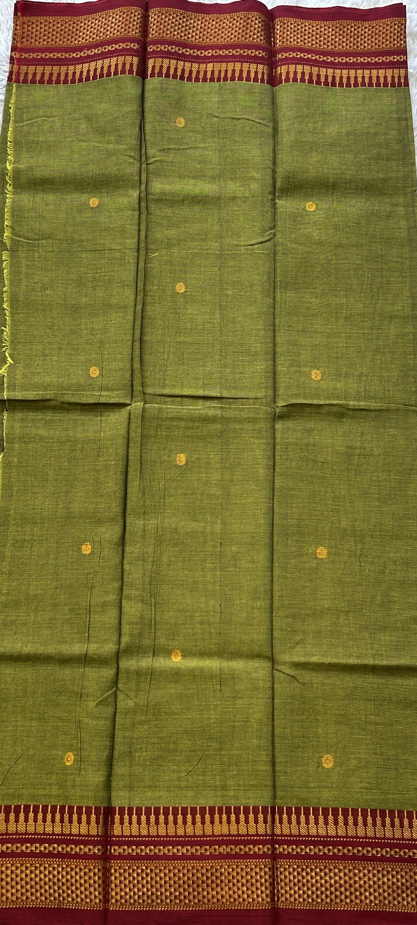 Narayanpet Cotton Dress Material – Dark Olive Green Color Gold Zari Border | Handloom Cotton