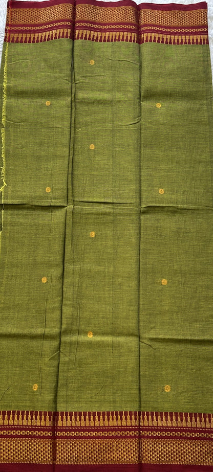 Narayanpet Cotton Dress Material – Dark Olive Green Color Gold Zari Border | Handloom Cotton