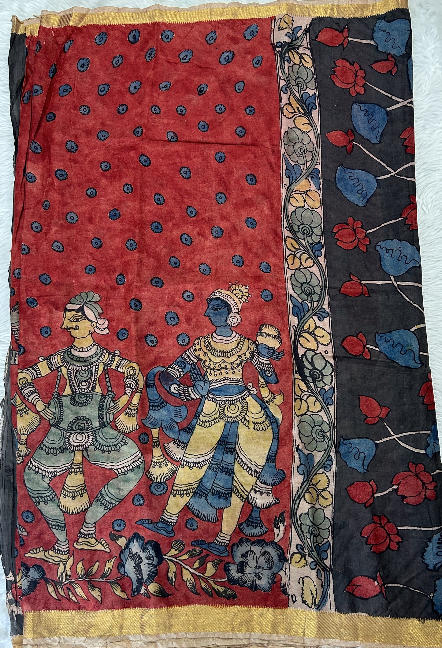 Pen Kalamkari Saree Red colored allover saree complemented with a Gold Zari border - Sampradaya Designer Studio