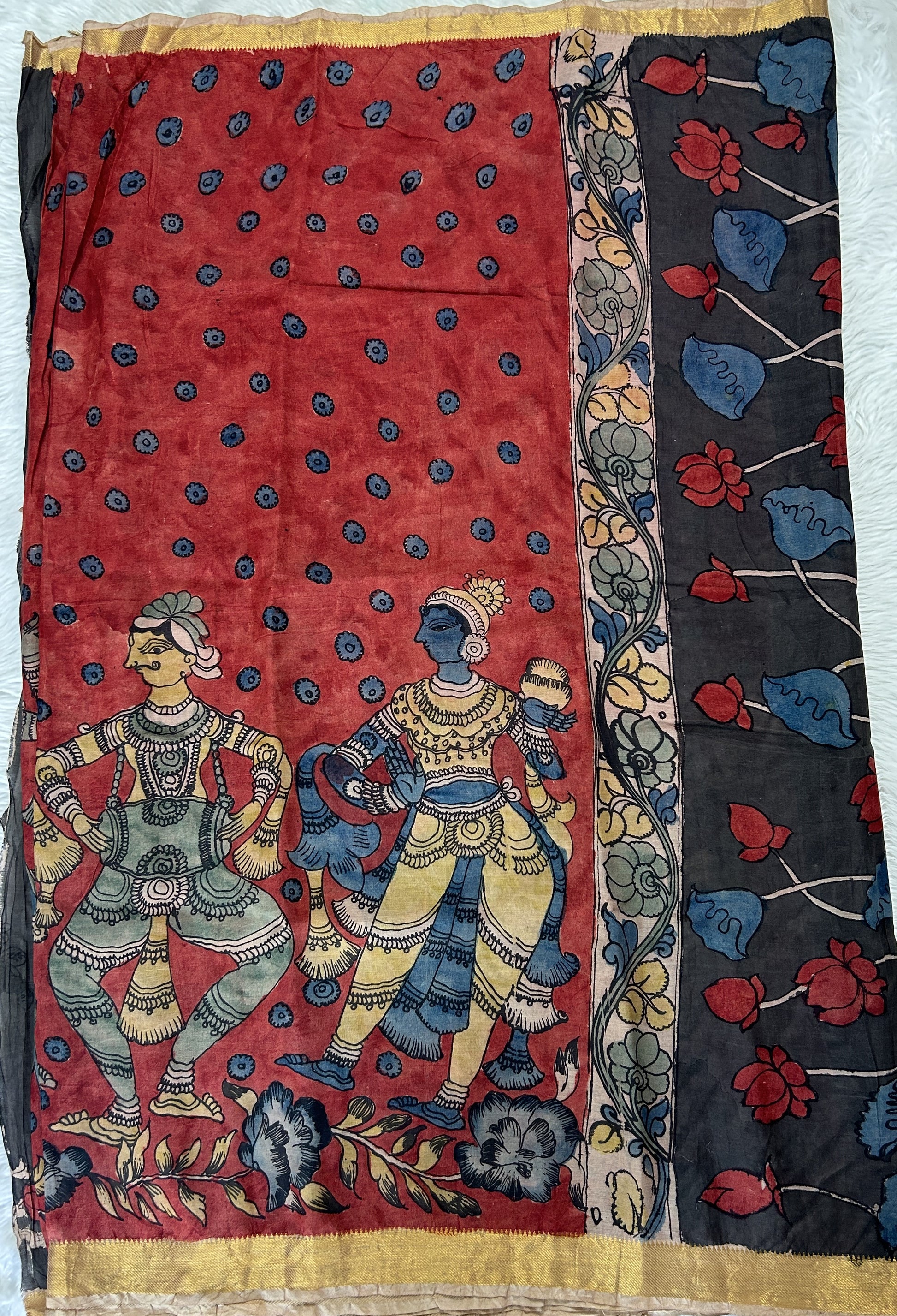 Pen Kalamkari Saree Red colored allover saree complemented with a Gold Zari border - Sampradaya Designer Studio