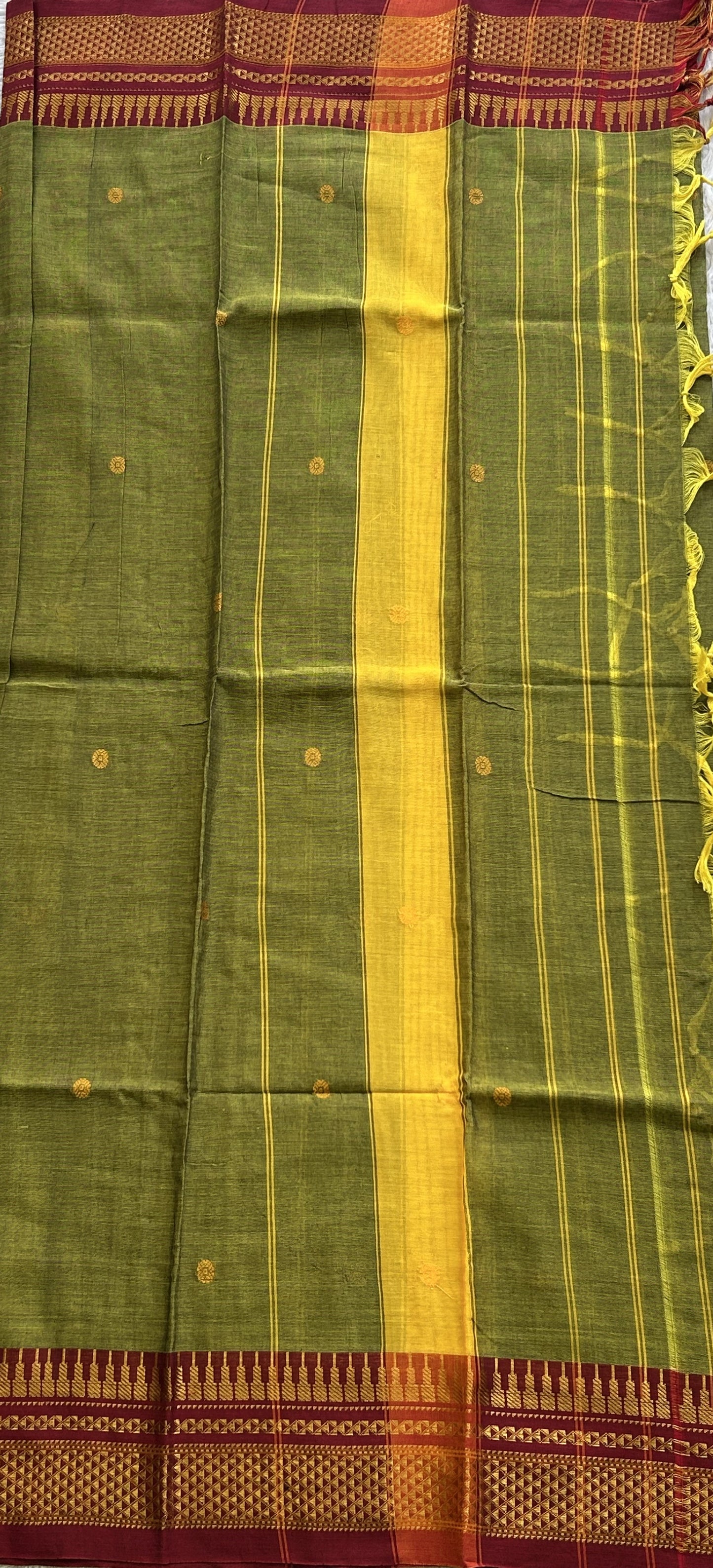 Narayanpet Cotton Dress Material – Dark Olive Green Color Gold Zari Border | Handloom Cotton