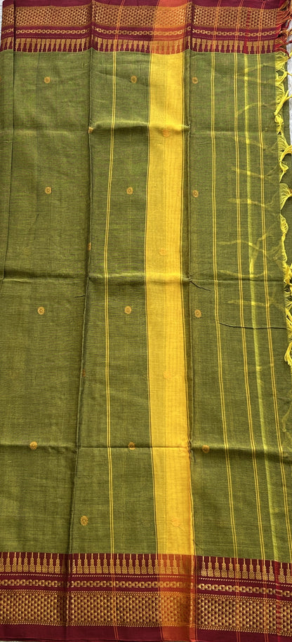 Narayanpet Cotton Dress Material – Dark Olive Green Color Gold Zari Border | Handloom Cotton