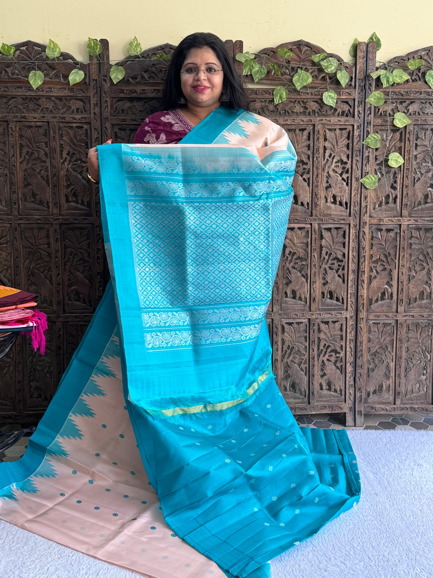 Gadwal Silk Saree Peach Colored Complemented With Plain Border - Sampradaya Designer Studio
