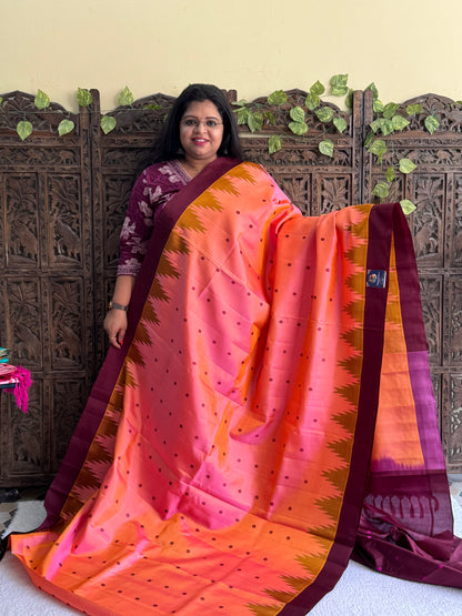 Gadwal Silk Saree Salmon Colored Complemented With Plain Border - Sampradaya Designer Studio