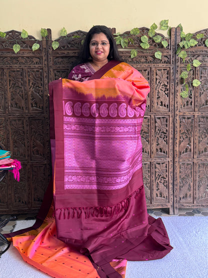 Gadwal Silk Saree Salmon Colored Complemented With Plain Border - Sampradaya Designer Studio