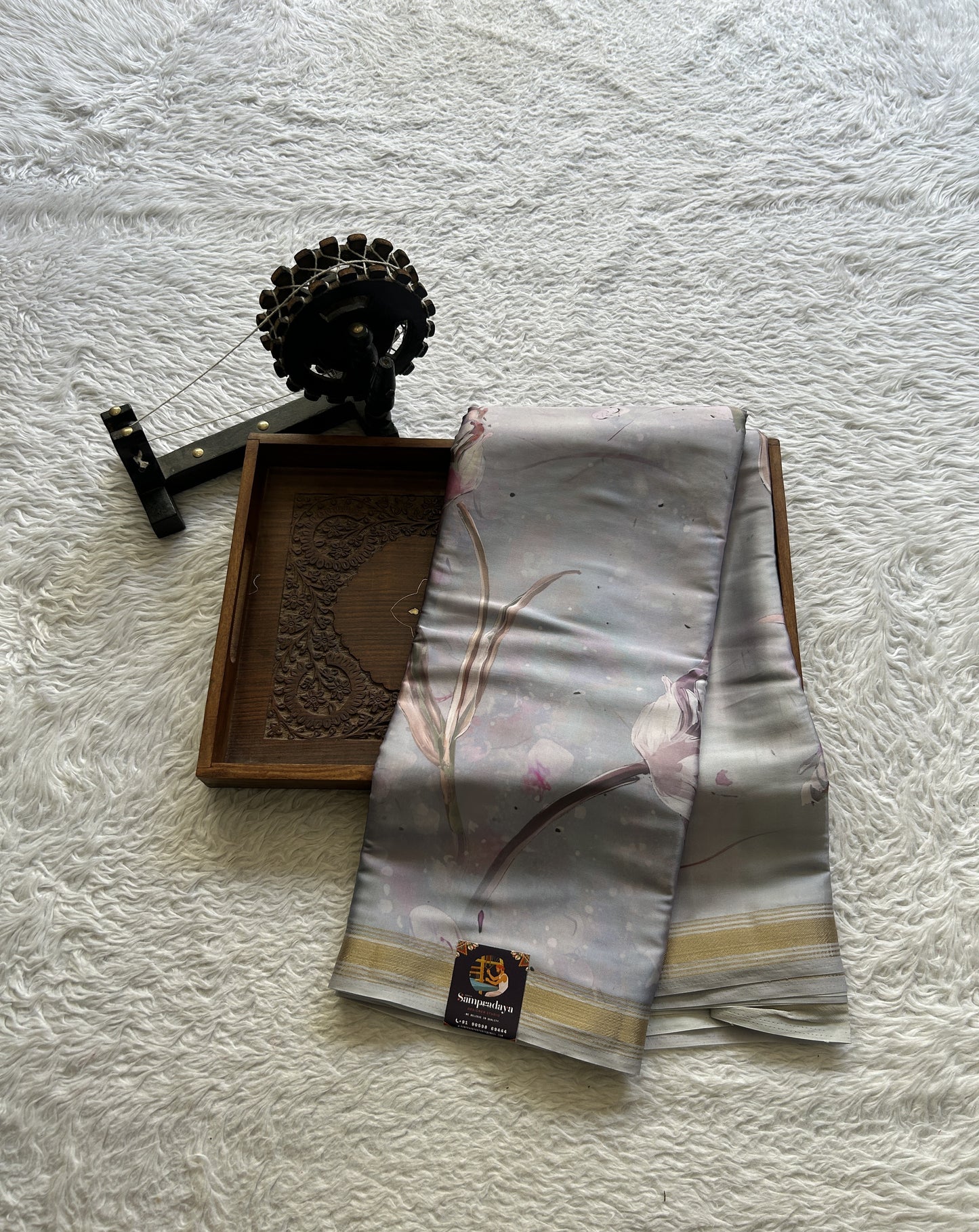 Satin Silk Saree Silver Colored Complemented with a Zari Border. - Sampradaya Designer Studio