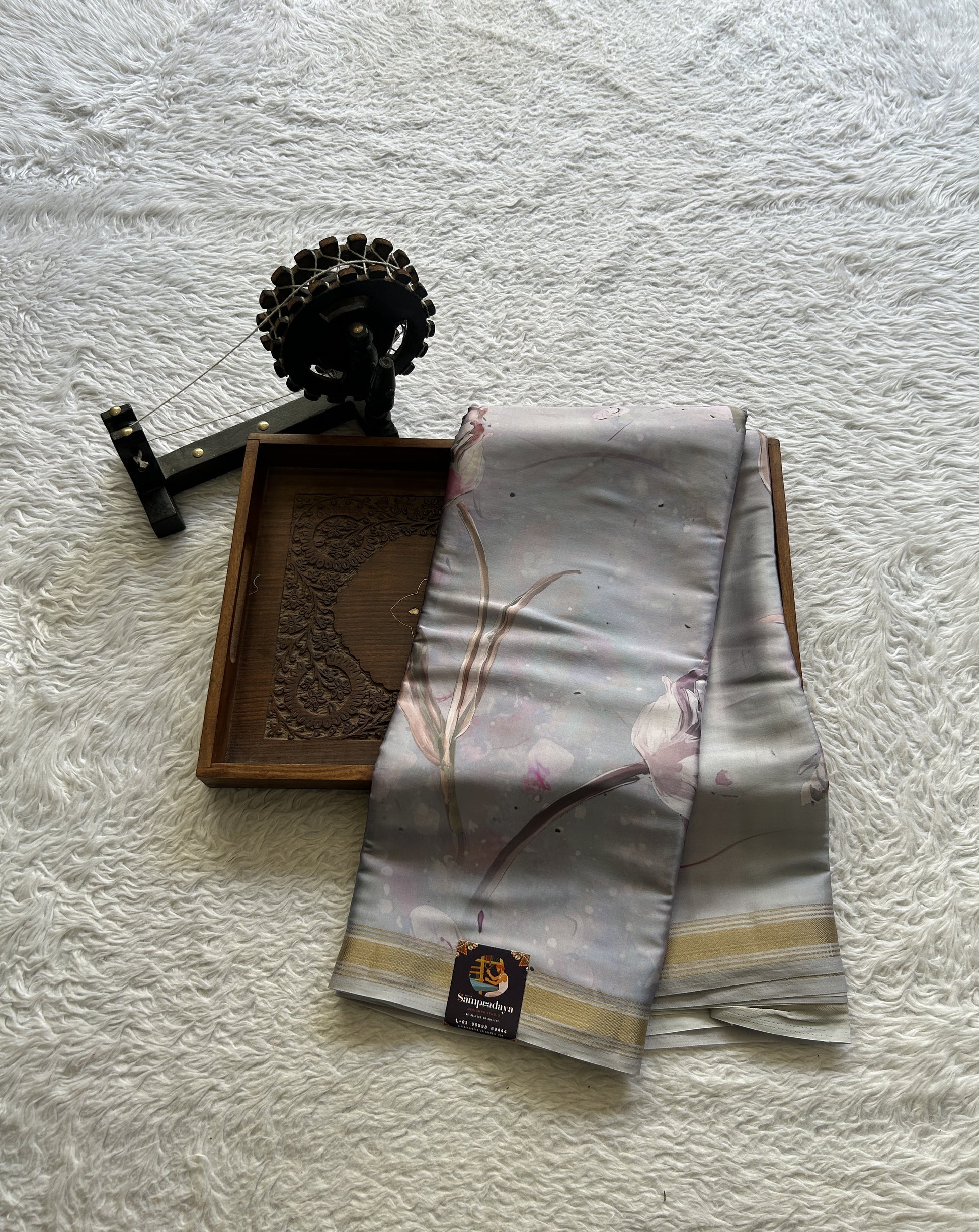 Satin Silk Saree Silver Colored Complemented with a Zari Border. - Sampradaya Designer Studio