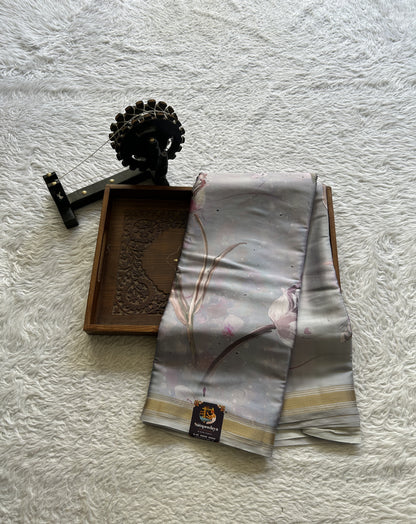 Satin Silk Saree Silver Colored Complemented with a Zari Border. - Sampradaya Designer Studio