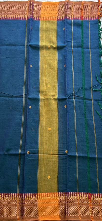 Narayanpet Cotton Dress Material – Sapphire Color Gold Zari Border | Handloom Cotton