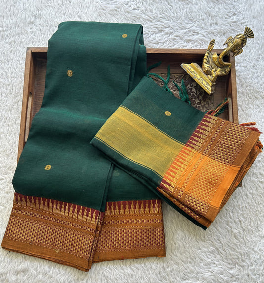 Narayanpet Cotton Dress Material – Bottle Green Color Gold Zari Border | Handloom Cotton