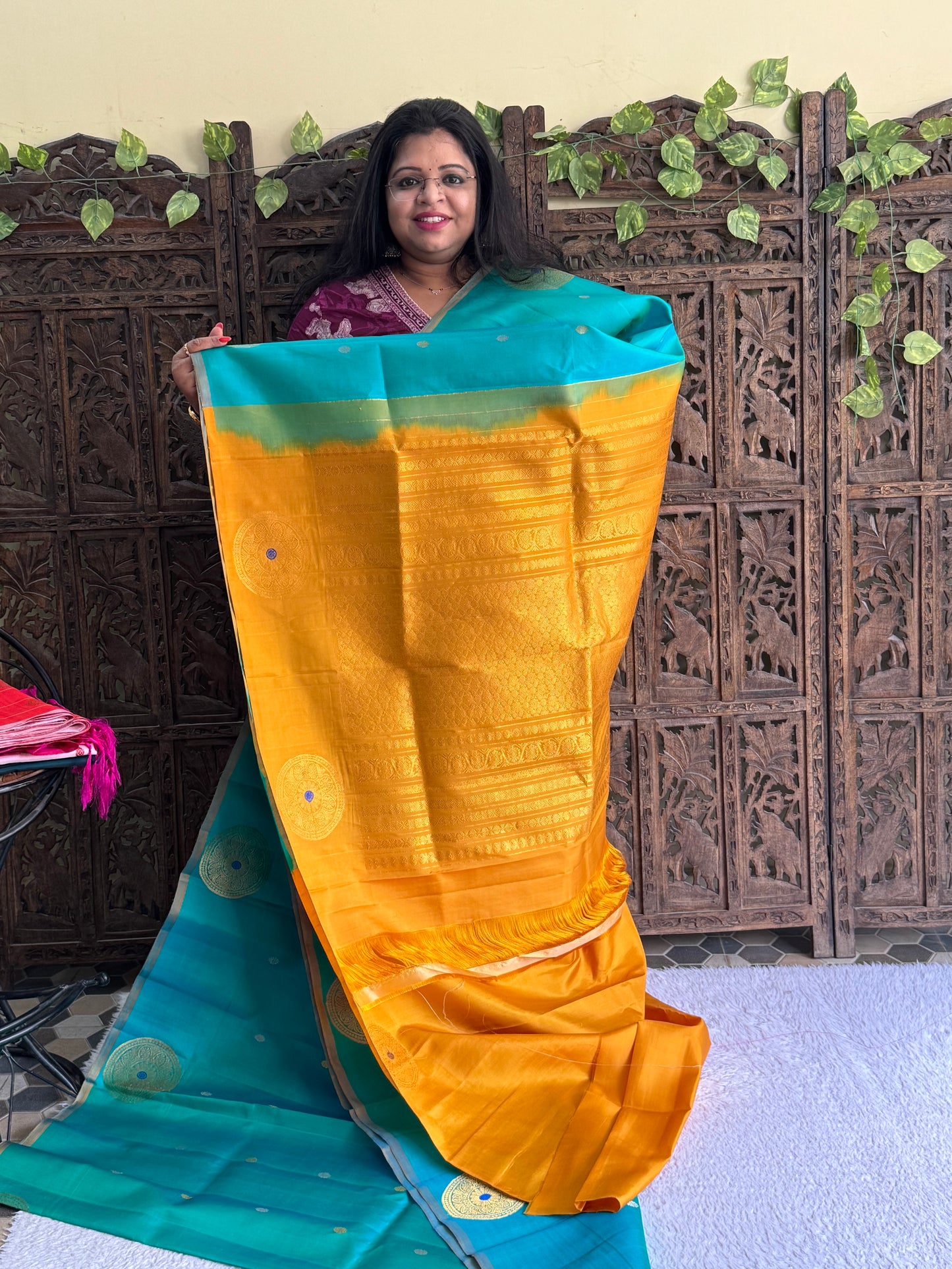 Gadwal Silk Saree Sea Blue Colored Complemented With Gold Zari Border - Sampradaya Designer Studio