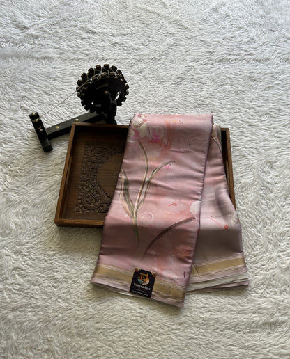 Satin Silk Saree Baby Pink Colored Complemented with a Zari Border. - Sampradaya Designer Studio