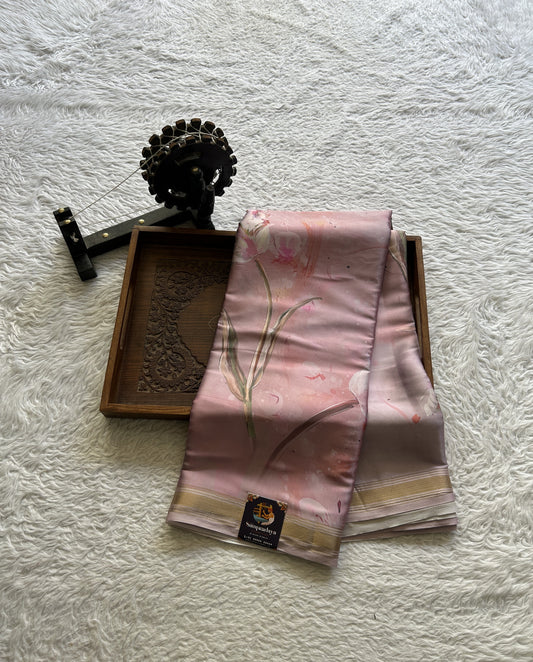 Satin Silk Saree Baby Pink Colored Complemented with a Zari Border. - Sampradaya Designer Studio