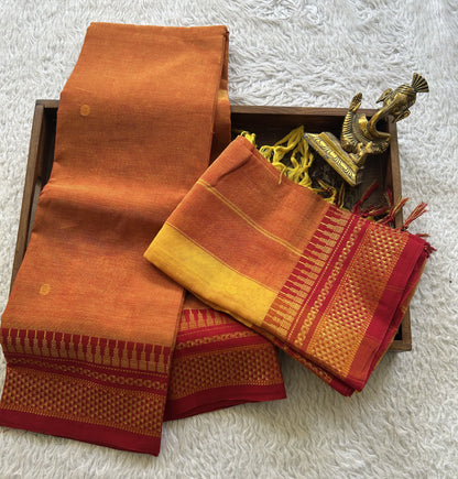Narayanpet Cotton Dress Material – Light Mustard Yellow Color Gold Zari Border | Handloom Cotton