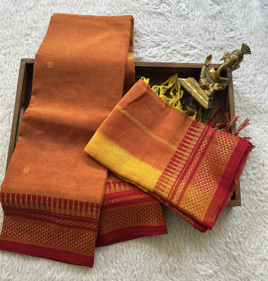 Narayanpet Cotton Dress Material – Light Mustard Yellow Color Gold Zari Border | Handloom Cotton