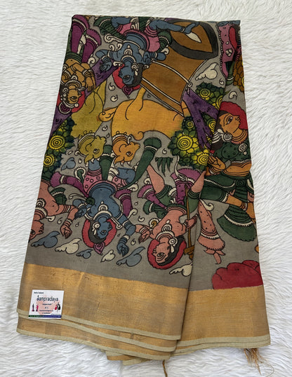 Pen Kalamkari Saree Gray colored allover saree complemented with a Gold Zari border - Sampradaya Designer Studio