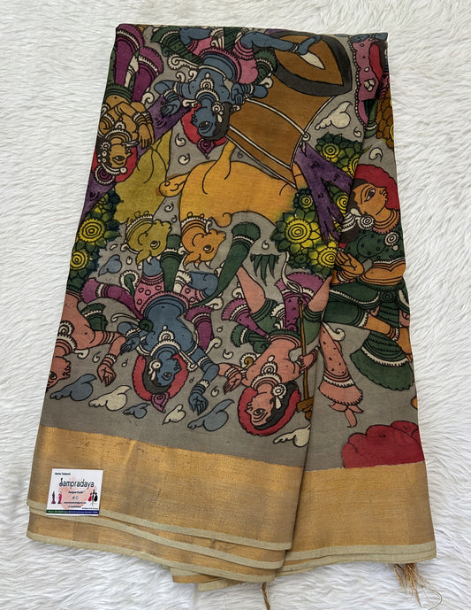 Pen Kalamkari Saree Gray colored allover saree complemented with a Gold Zari border - Sampradaya Designer Studio