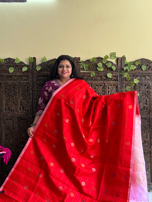 Gadwal Silk Saree Apple Red Colored Complemented With Gold Zari Border