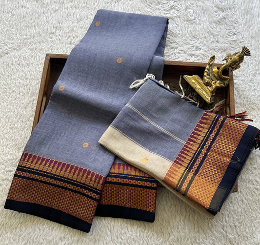 Narayanpet Cotton Dress Material – Light Lavender Color Gold Zari Border | Handloom Cotton