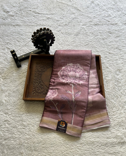 Satin Silk Saree Mauve Colored Complemented with a Zari Border. - Sampradaya Designer Studio