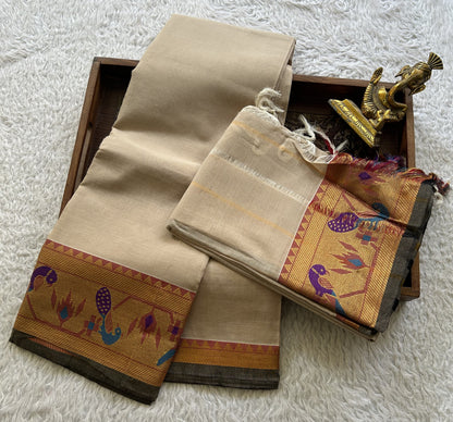 Narayanpet Cotton Dress Material – Beige Color Gold Zari Border | Handloom Cotton