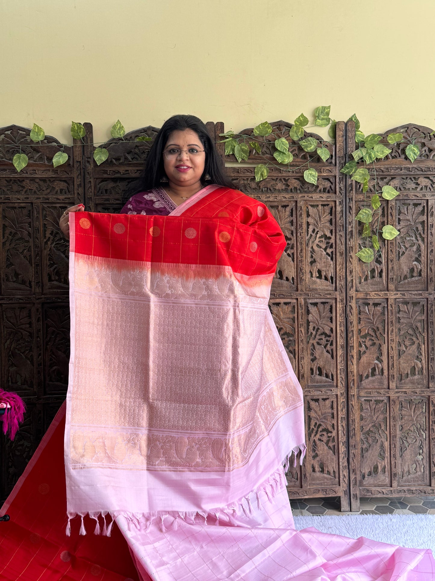 Gadwal Silk Saree Apple Red Colored Complemented With Gold Zari Border - Sampradaya Designer Studio