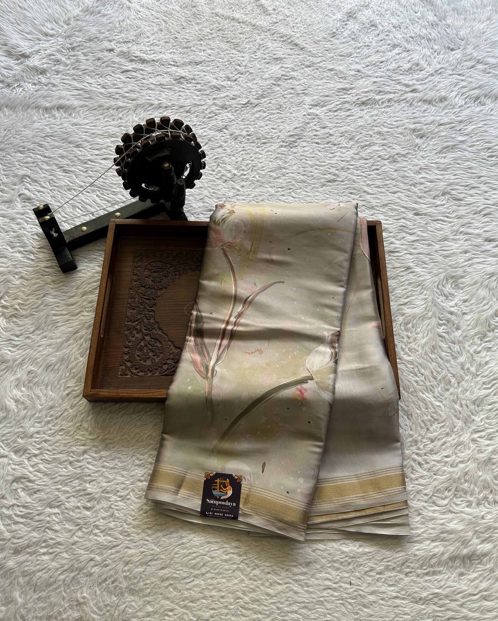 Satin Silk Saree Ash Colored Complemented with a Zari Border. - Sampradaya Designer Studio