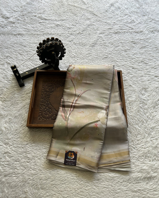 Satin Silk Saree Ash Colored Complemented with a Zari Border. - Sampradaya Designer Studio