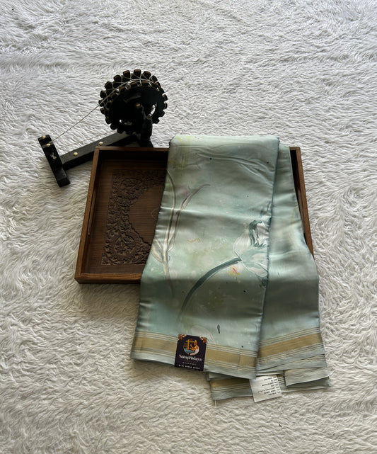 Satin Silk Saree Mint Green Colored Complemented with a Zari Border. - Sampradaya Designer Studio