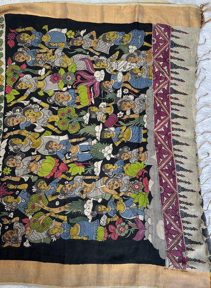 Pen Kalamkari Saree Gray colored allover saree complemented with a Gold Zari border - Sampradaya Designer Studio