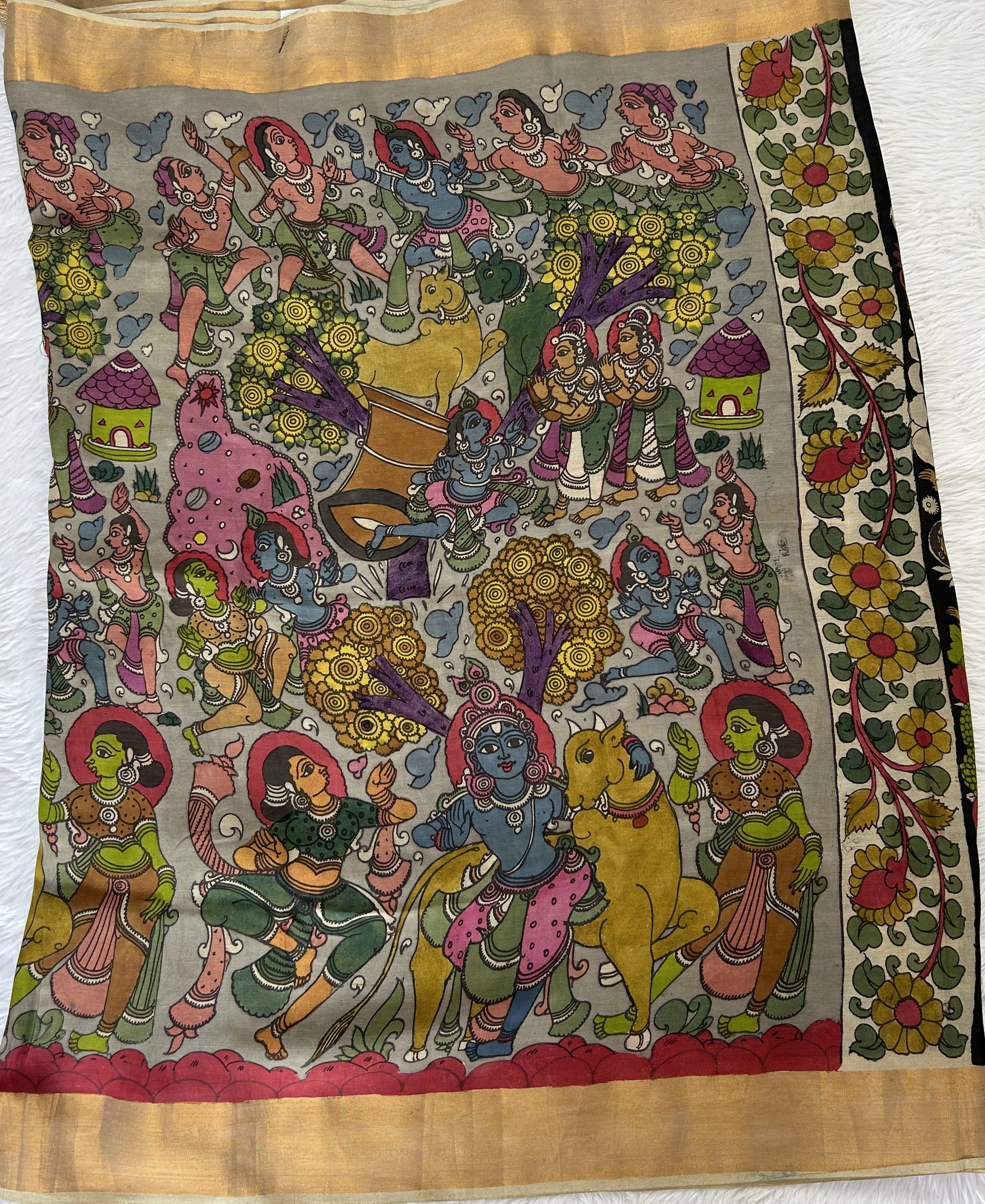 Pen Kalamkari Saree Gray colored allover saree complemented with a Gold Zari border - Sampradaya Designer Studio