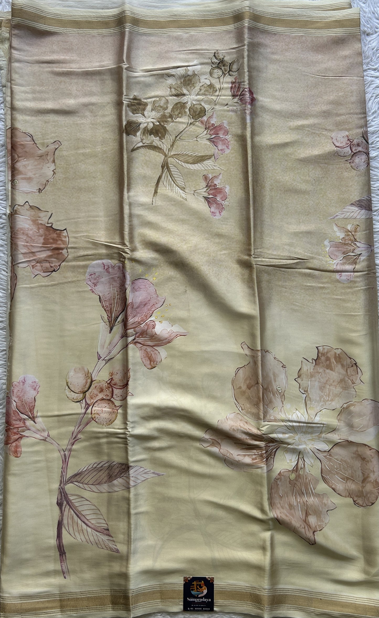 Satin Silk Saree Light Yellow Colored Complemented with a Zari Border. - Sampradaya Designer Studio