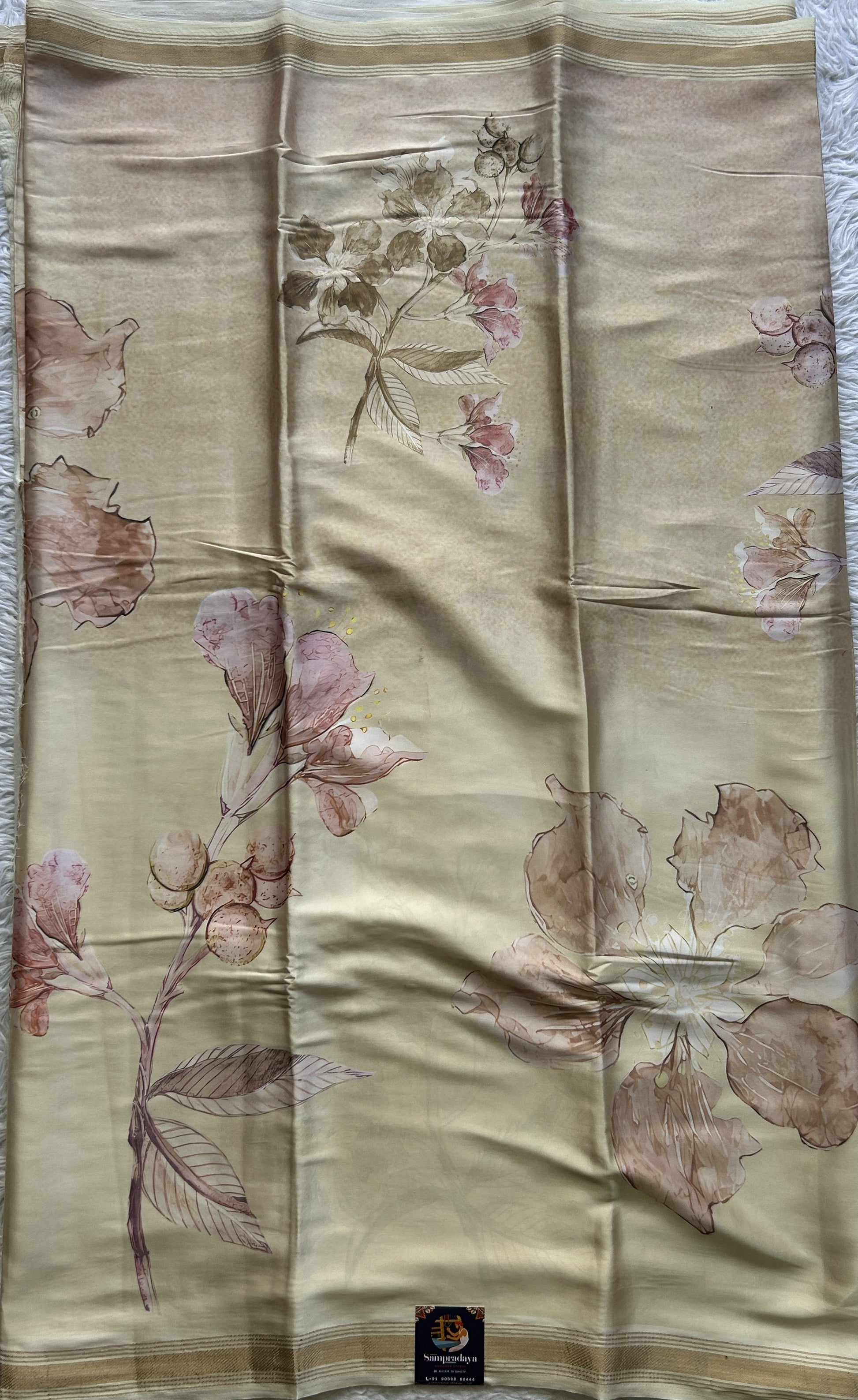 Satin Silk Saree Light Yellow Colored Complemented with a Zari Border. - Sampradaya Designer Studio