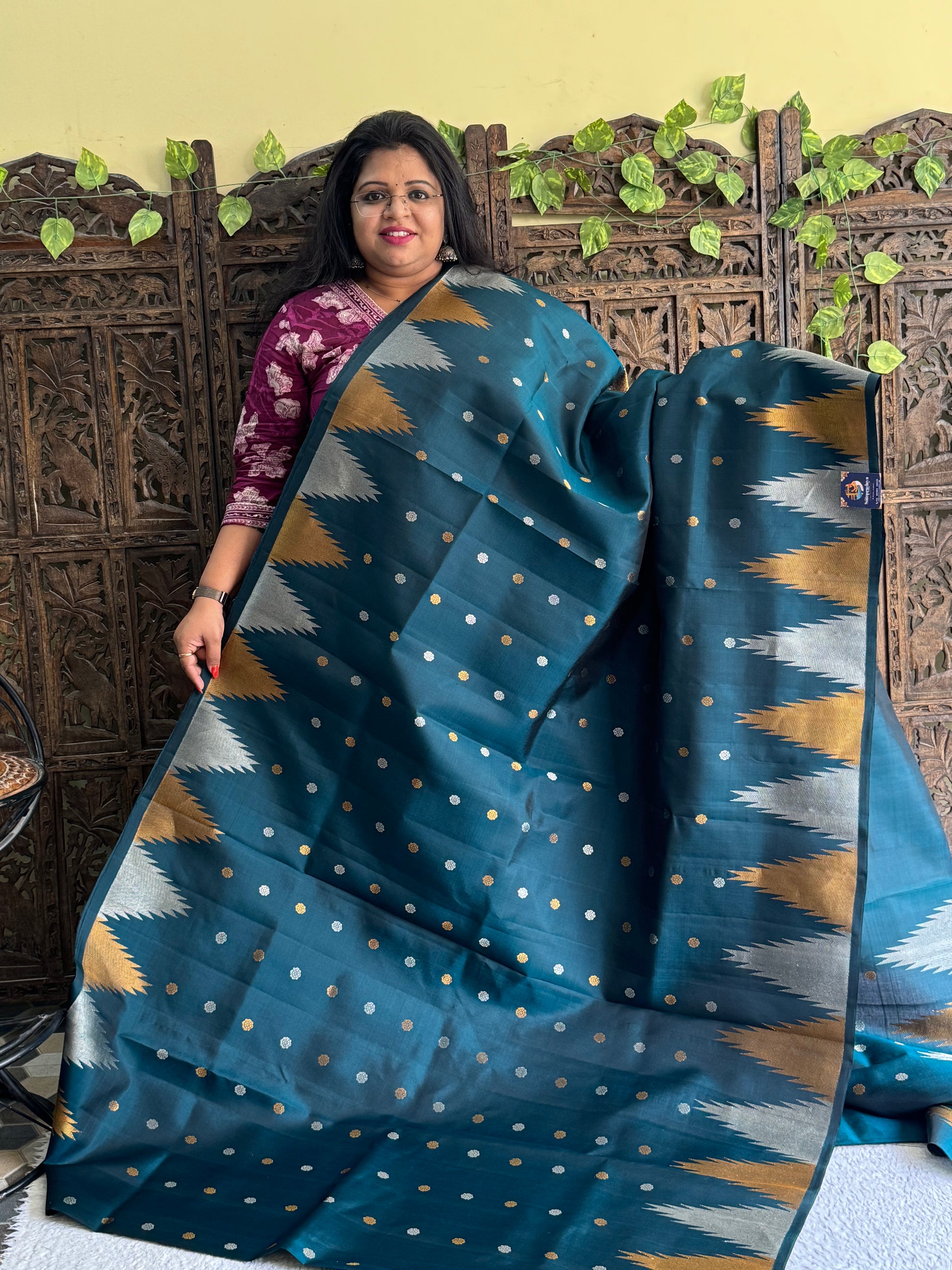 Gadwal Silk Saree Dark Teal Blue Colored Complemented With Gold And Silver Zari Border - Sampradaya Designer Studio