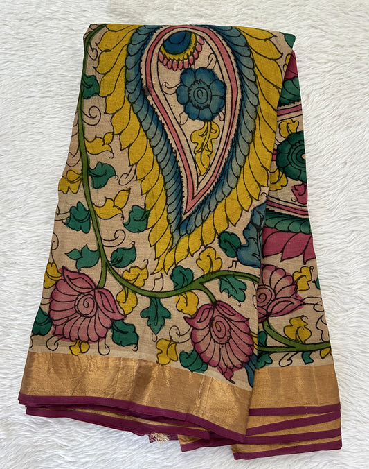 Pen Kalamkari Saree Maroon colored allover saree complemented with a Gold Zari border - Sampradaya Designer Studio