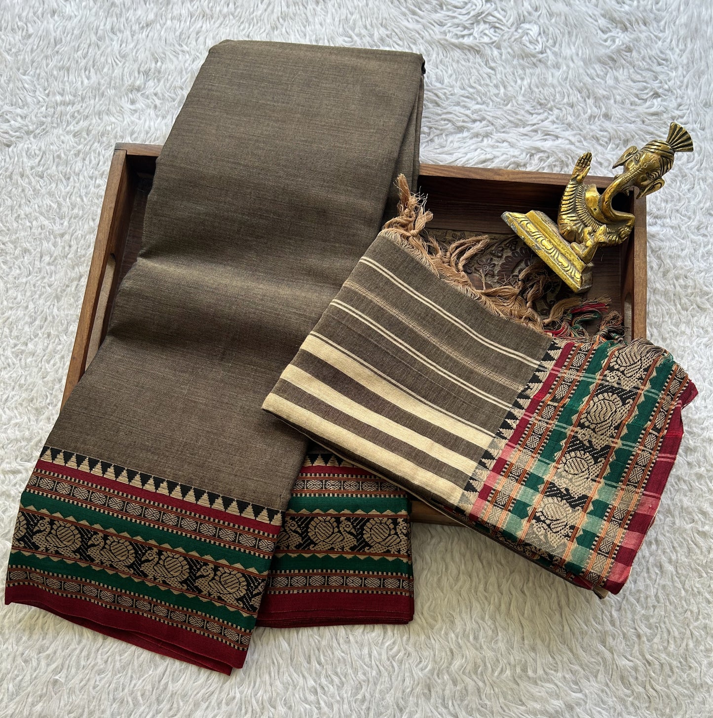 Narayanpet Cotton Dress Material –  Dark Taupe Color Thread Border | Handloom Cotton