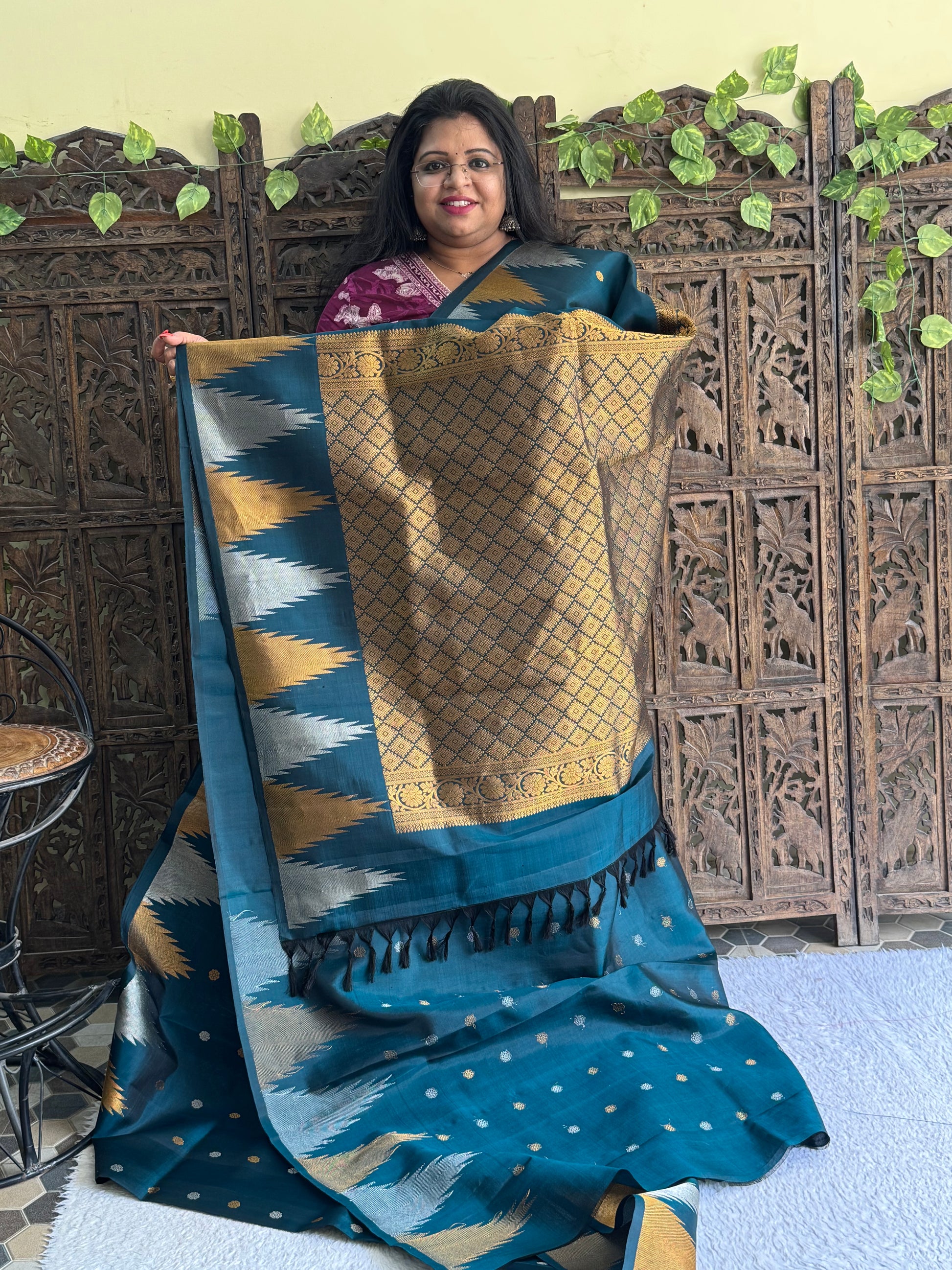 Gadwal Silk Saree Dark Teal Blue Colored Complemented With Gold And Silver Zari Border - Sampradaya Designer Studio