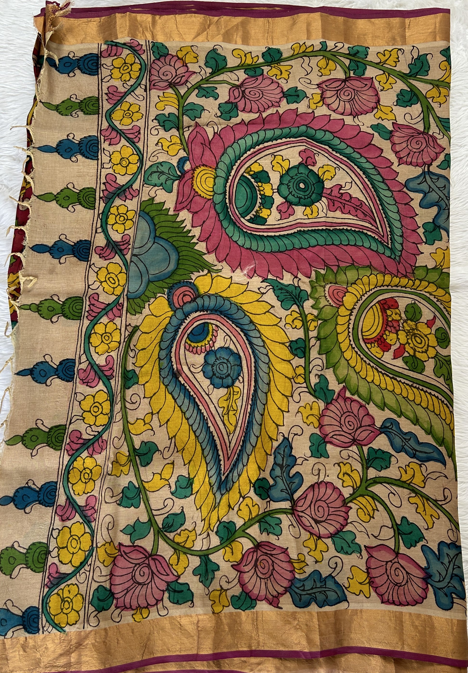 Pen Kalamkari Saree Maroon colored allover saree complemented with a Gold Zari border - Sampradaya Designer Studio