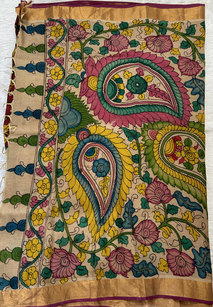Pen Kalamkari Saree Maroon colored allover saree complemented with a Gold Zari border - Sampradaya Designer Studio