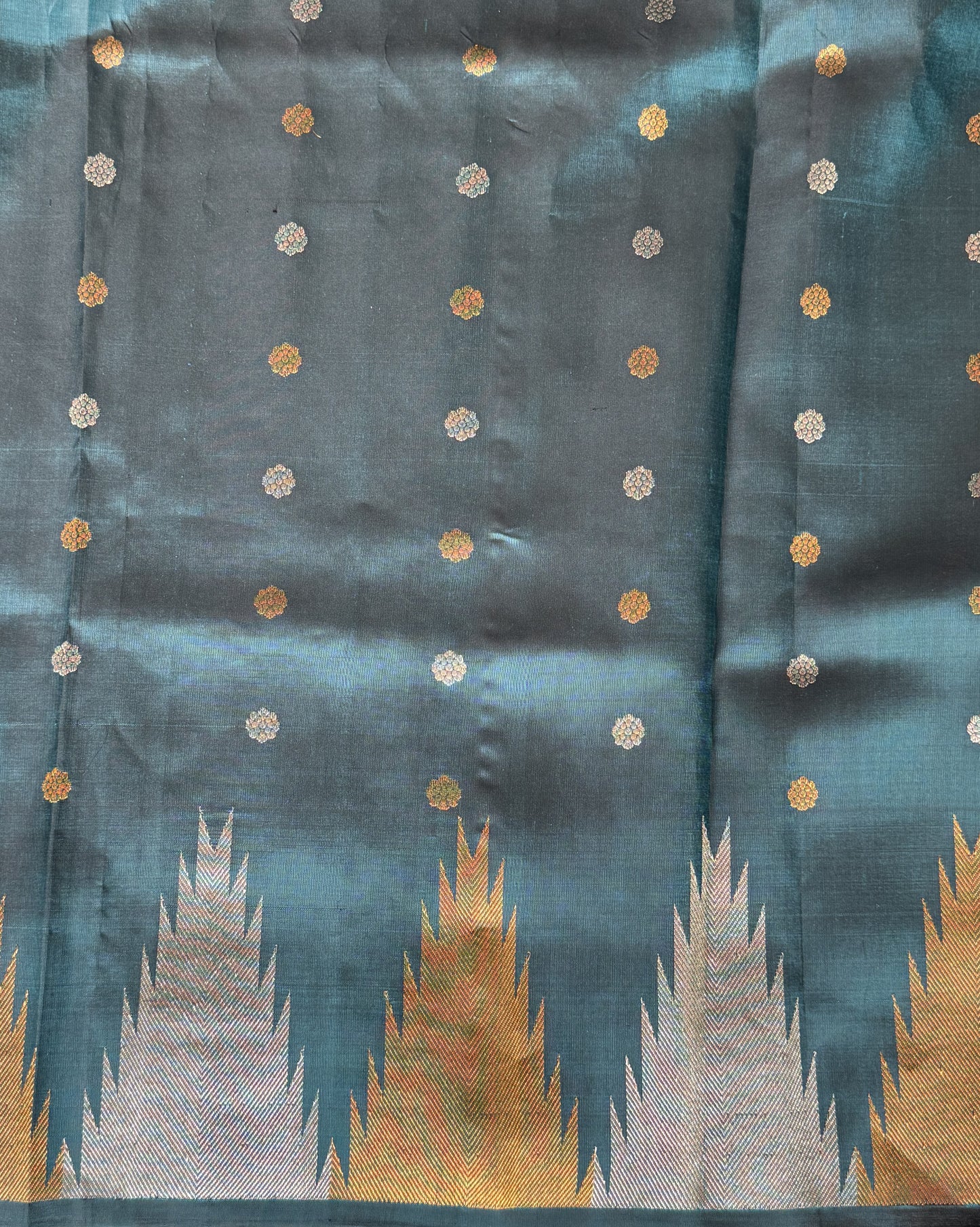 Gadwal Silk Saree Dark Teal Blue Colored Complemented With Gold And Silver Zari Border - Sampradaya Designer Studio
