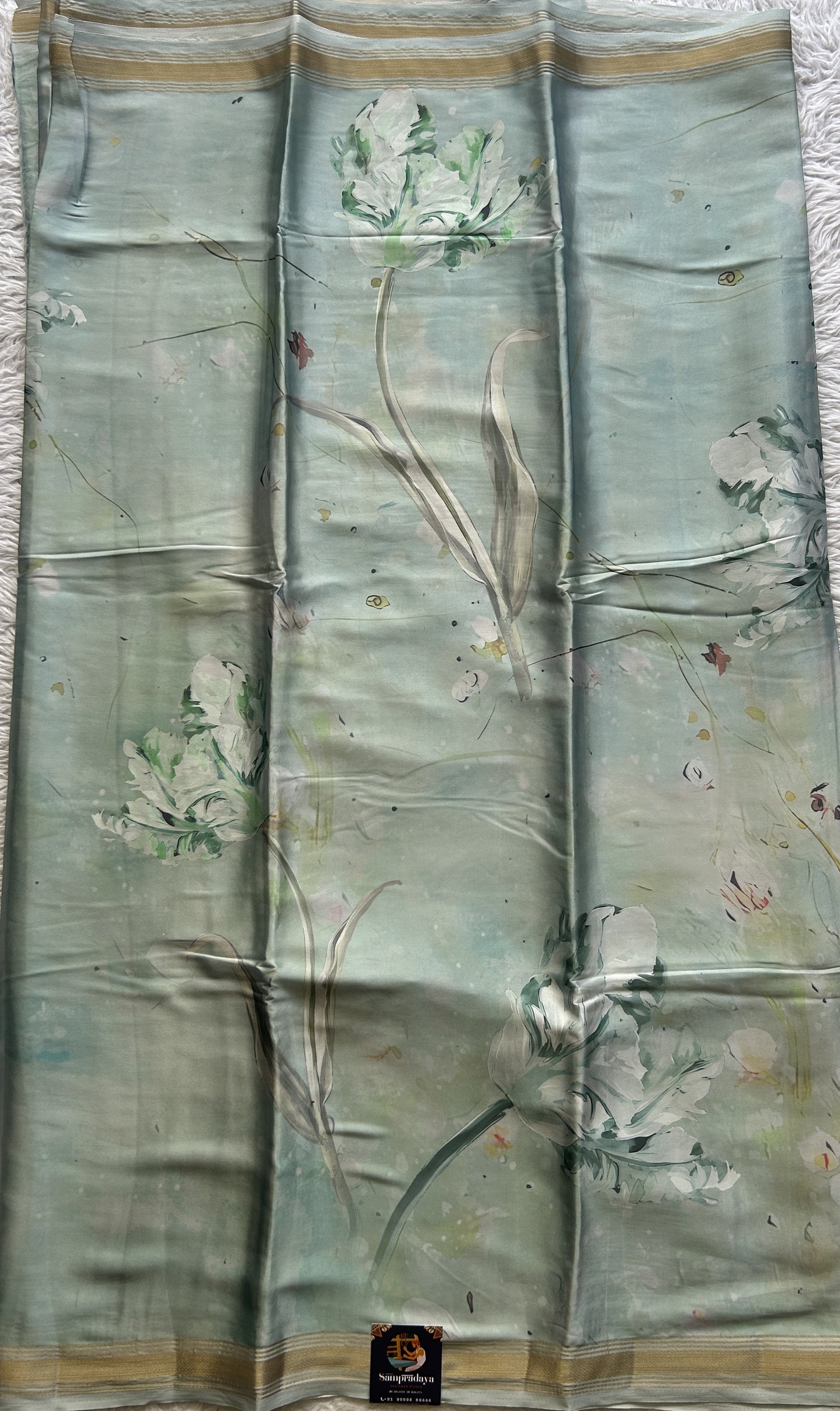Satin Silk Saree Mint Green Colored Complemented with a Zari Border. - Sampradaya Designer Studio