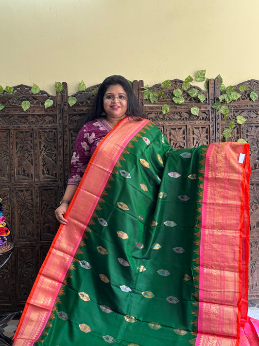 Gadwal Silk Saree Forest Colored Complemented With Gold Zari Border