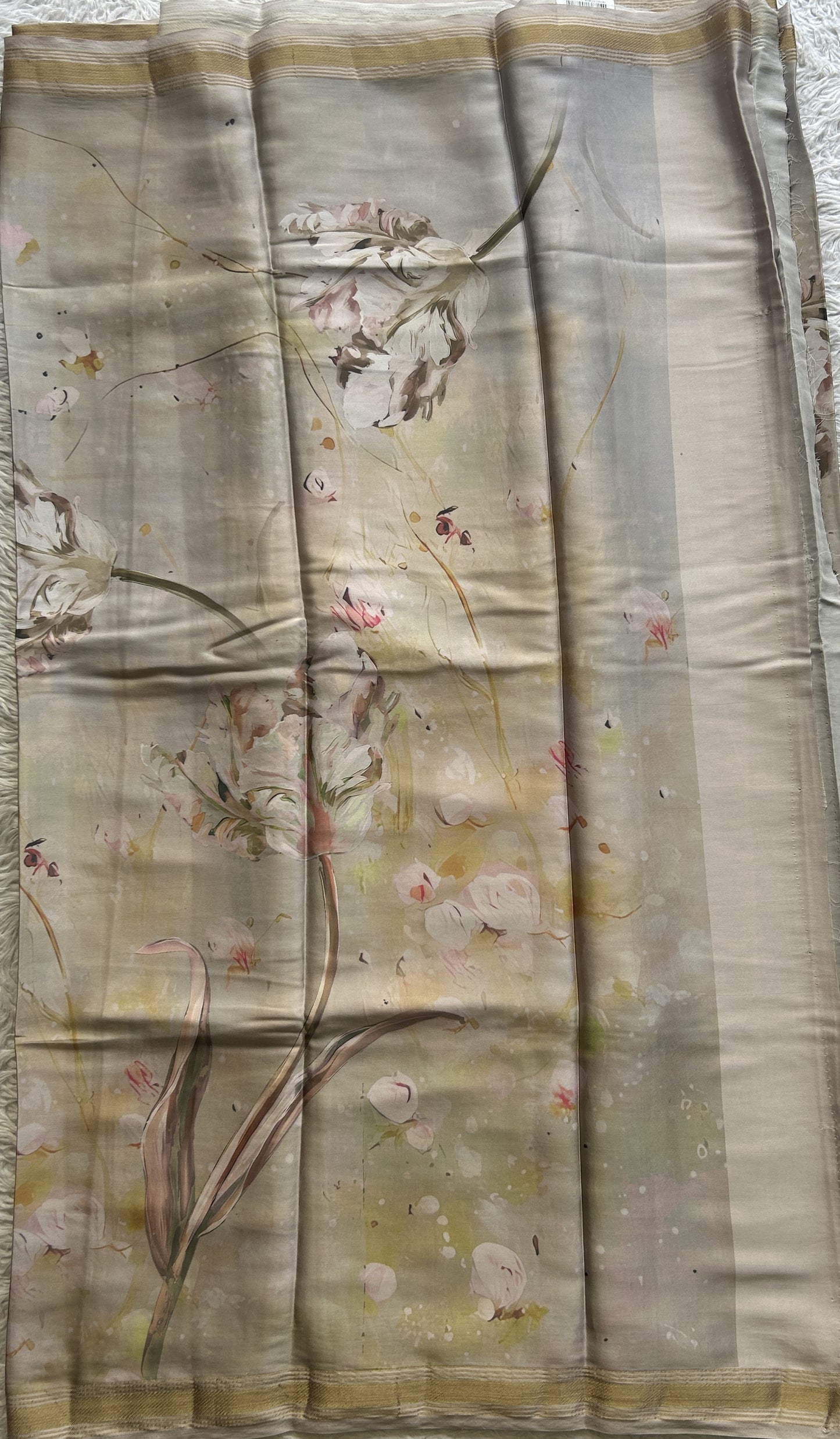 Satin Silk Saree Ash Colored Complemented with a Zari Border. - Sampradaya Designer Studio