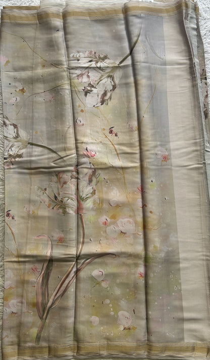 Satin Silk Saree Ash Colored Complemented with a Zari Border. - Sampradaya Designer Studio