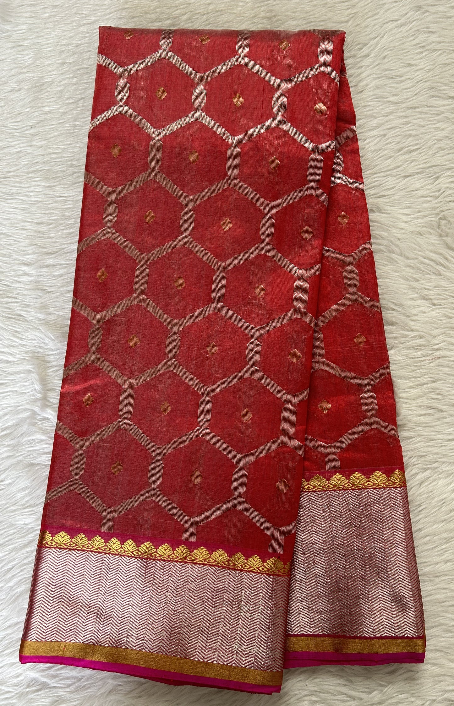 Chanderi Pattu Saree Red colored saree complemented with a Silver Zari border - Sampradaya Designer Studio