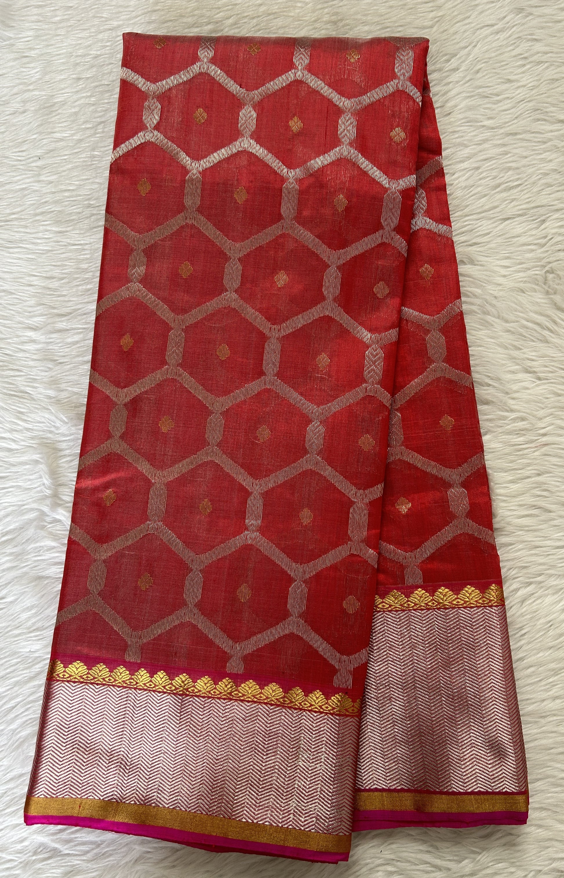 Chanderi Pattu Saree Red colored saree complemented with a Silver Zari border - Sampradaya Designer Studio
